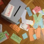 Ideen-box mit Ideen auf buntem Papier